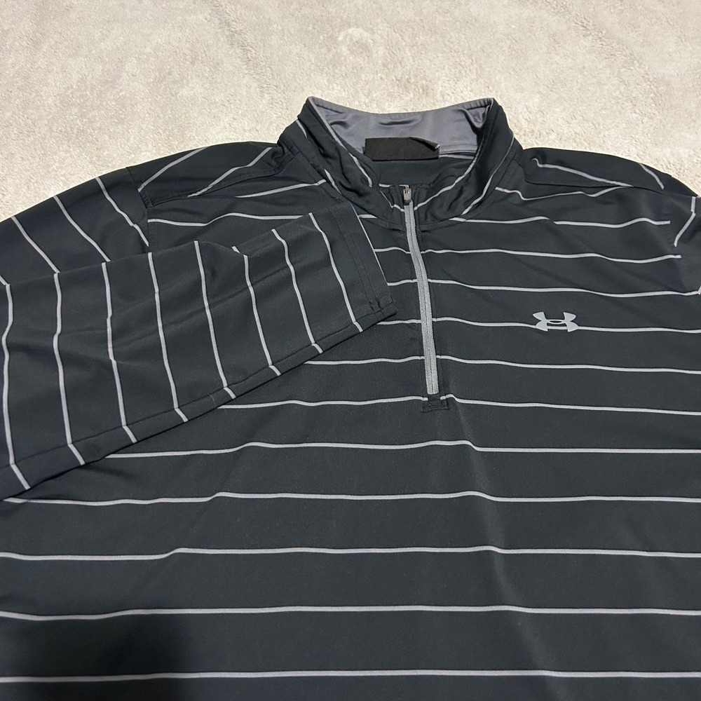 Under Armour Quarter Zip Pullover Mens 2XL Black Striped Long Sleeve Logo Golf